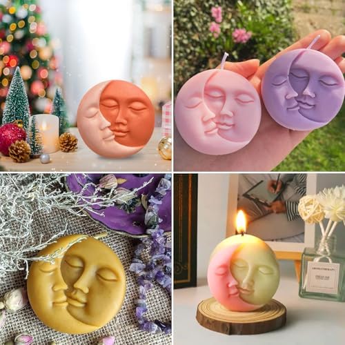 Sun and Moon Silicone Soap Molds 4 Cavity Crescent Moon Face Silicone Soap Mold Bath Bomb Molds for Homemade Lotion Bar Polymer Clay DIY Candle Resin Making Wax Candy Chocolate