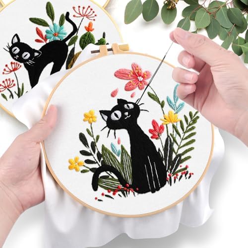 ERKOON 5 Sets Embroidery Kit for Beginners Adult Cat Cross Stitch