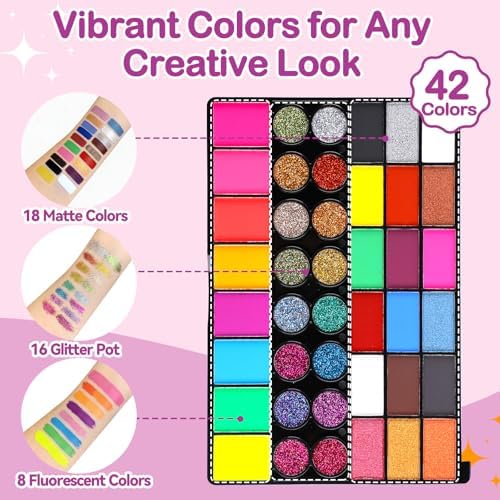Face Painting Kit for Party, 42 Color Non-Toxic Water Activated Face Paint Palette for Artist Festival Stage Cosplay Birthday Parties Makeup Set with Stencils, Gems, Brushes TA641KIT