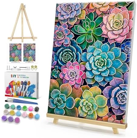 HeeBenor Framed Paint by Numbers Kit for Adults, Succulent Paint by Number with Easel, DIY Acrylic Oil Painting Kit, Adult Paint by Number Kits Framed Canvas for Home Decor 8x12 Inch