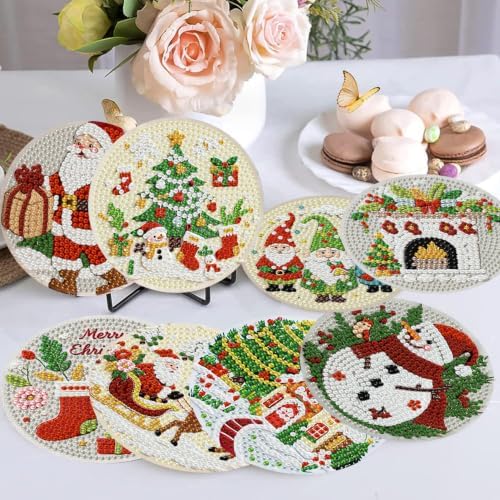 Christmas Cow Diamond Art Coasters Kit, 8 Pieces Diamond Painting Coasters