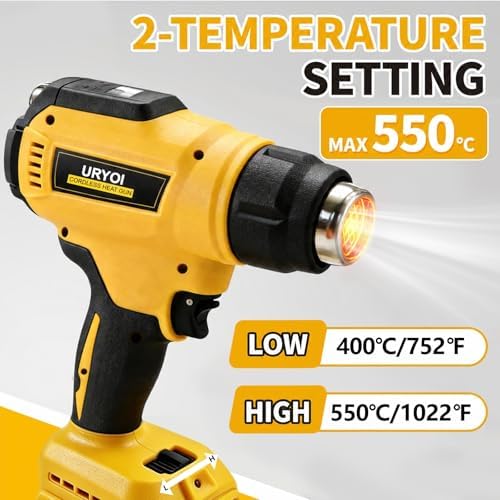 Cordless Heat Gun Compatible with Dewalt Battery, 300W High Power, with LCD Display, Adjustable Temperature 86°F~1022°F, Includes 3 Nozzles, Ideal for Shrink Tubing and Crafting (Battery Not Included)