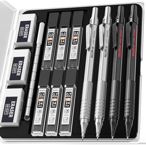 Nicpro 4 PCS Metal Mechanical Pencil 0.5 mm 0.7mm Storage Case Black Silver