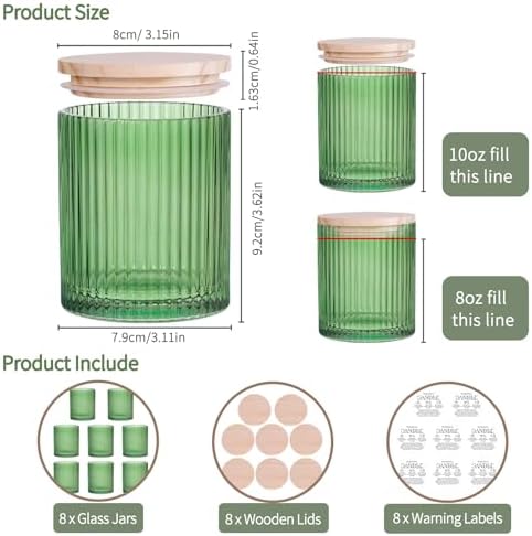 Green Candle Jars with Lids, 8-Pack 12oz Ribbed Glass Candle Containers