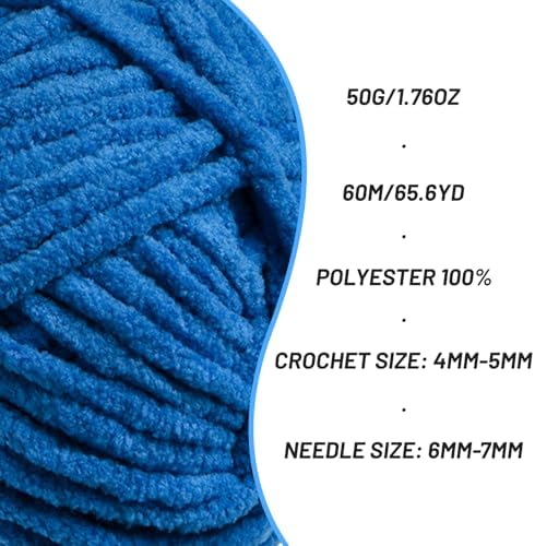 Plush Chenille Chunky Crochet Yarn - Baby Yarn for Crocheting Soft - Velvet Yarns Knitting for Blankets Crafts - Fluffy Amigurumi Yarns 50g / 65.6yd (Blue)