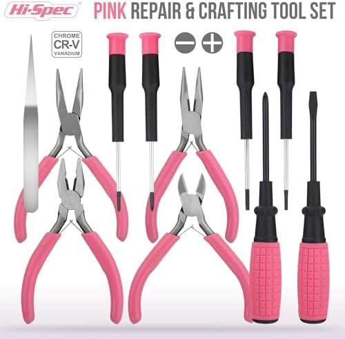 Hi-Spec 11pc Pink Womans Compact Crafts & Home DIY Repair Hand Tool Kit Set with Pliers, Cutters and Precision Screwdrivers for Ladies | 11pc, everyday fixes made easier, organized portable storage, beginner-friendly selection, apartment and office tas...
