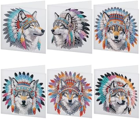 6 Pack 5D Diamond Art Greeting Cards Kit with Envelopes, Wolf with Native American Headdress Design, DIY Special Shape Diamond Painting Greeting Card for Adults, Handmade Card Craft Gift Set