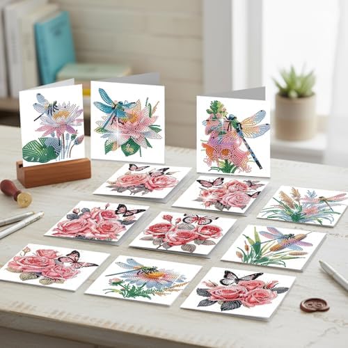 C'eitura 12Pcs Butterfly & Dragonfly Diamond Art Painting Greeting Card Kit with Envelopes, DIY Nature Theme Christmas Birthday Thanksgiving Card Making Set, Garden Inspired Handmade Card Craft