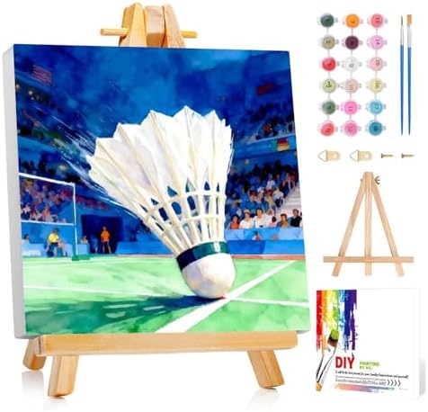 Reivworl Badminton Paint by Numbers Kit for Kids with Frame 8×8 inch