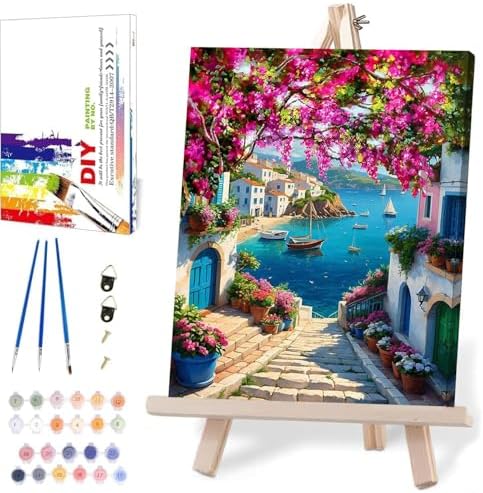 MIRCVSH Scenery Paint by Numbers Kit for Adults,Framed Landscape Paint by Number Kits on Canvas with Brushes,Flowers and Sea Oil Painting Kits with Wooden Easel for Home Wall Decor 12X16 Inch.