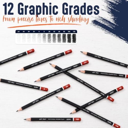 Pointer Art Pro Drawing Pencils Set, 12 Graphite Pencils 6H-12B, Professional Artist Sketching Kit