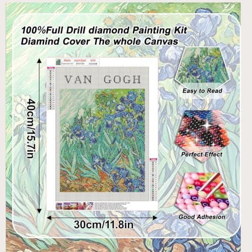 VeGuude Diamond Art Kits for Adults, Full Drill Van Gogh Irises Diamond Painting Kits for Beginners, DIY Full Rhinestone 5D Diamond dots (Gemstone Craft), Home Wall Decoration (12x16 inch)