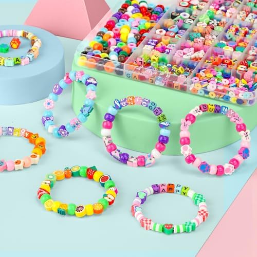 Gionlion 1200 Pcs Polymer Clay Beads Bracelet Making Kit, 25 Style Animal Fruit Flower Butterfly Bunny Pony Letter Beads Charms for Jewelry Making, DIY Art and Crafts Toys Gifts