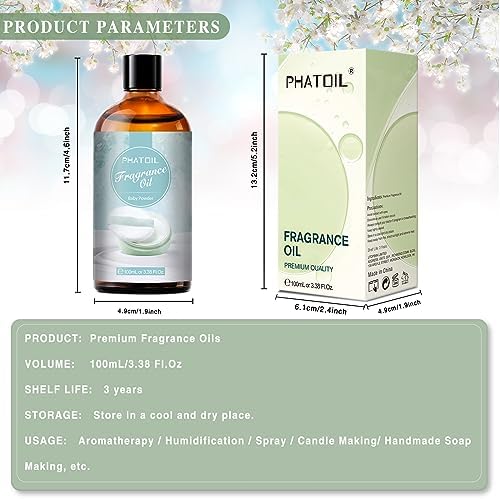 PHATOIL Baby Powder Fragrance Oil for Diffuser Aromatherapy 3.38FL.OZ | Long Lasting Scented Oils For Humidifier, Air Freshener, DIY Soap Candle, Scent Project Making, Aroma Oil for Home Freshening