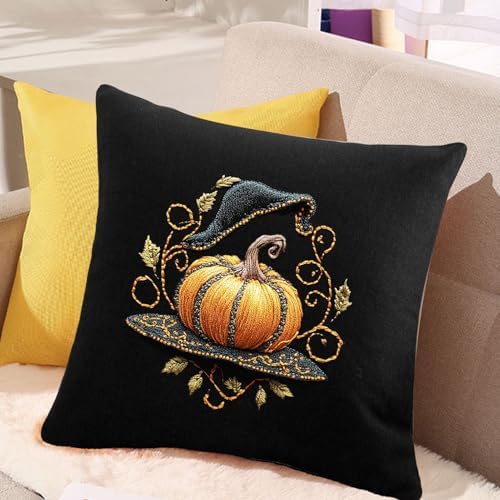 FONNUY Pumpkin Embroidery Kit for Beginners, Pre-Stamped Pattern Kits for Adults with Hoop, Easy to Follow Color Thread Needlework, 8'' Hoop (Witch Hat 2)