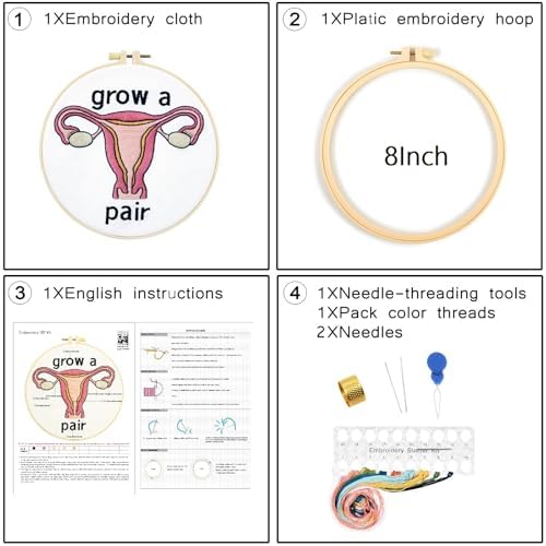 Hand Embroidery Kits for Beginners Adults, Grow a Pair Uterus Embroidery DIY Kit, Stamped Cross Stitch Kits for Beginners Adult Craft Kits for Women, Entire Set of Embroidery Supplies & Video Tutorial