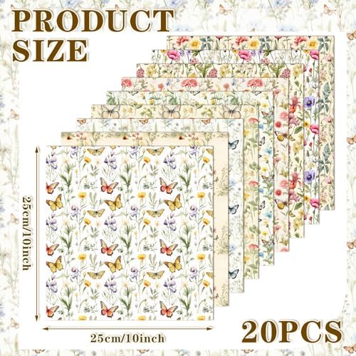 HunnmingRe 20 Pcs 10''x10'' Yellow Wildflower Quilting Fabric Square Romantic Wildflower Butterfly Quilted Fabric Bundle Spring Floral Precut Printed Patchwork Supplies for Summer DIY Sewing Craft