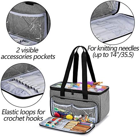 Yarwo Crochet Bag Knitting Organizer, Yarn Storage Tote with Multi-Pockets