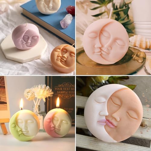 Sun and Moon Silicone Soap Molds 4 Cavity Crescent Moon Face Silicone Soap Mold Bath Bomb Molds for Homemade Lotion Bar Polymer Clay DIY Candle Resin Making Wax Candy Chocolate