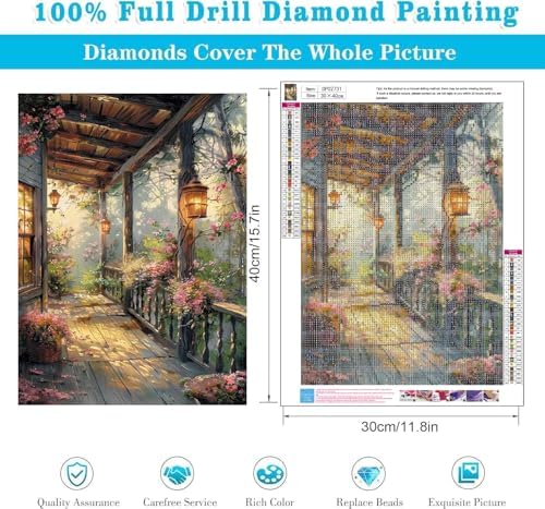 Square Diamond Painting Art Kits Square Drill Diamond Painting, Square Diamond Art, Garden Porch with Lights DIY Flower Gem Art Kits for Adults and Crafts for Gifts and Home Wall Decor Gifts 12x16 in