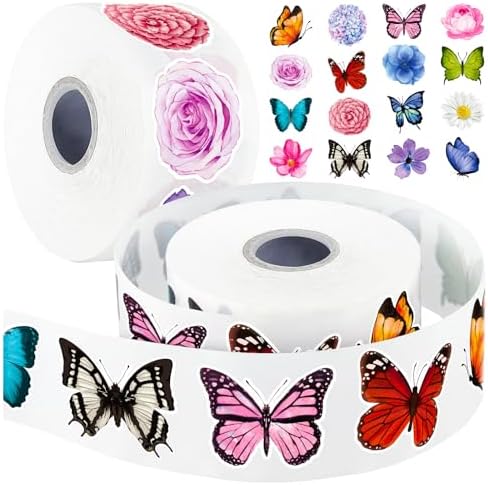Butterfly Flower Sticker Rolls,1200PCS (2 Rolls) 16 Design Butterfly Stickers for Kids, Colorful Assorted 3D Roll Flower Sticker for Scrapbooks Envelopes Giftwrap Decals Cards Walls Parties