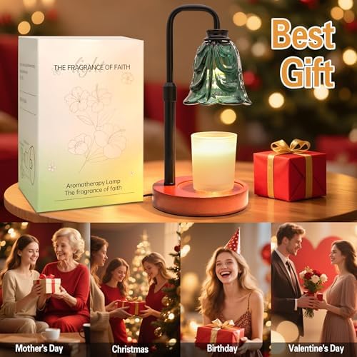 XJZJY Green Flower Candle Warmer Lamp with Timer, Birthday Gifts for Women | Dimmable wax melt warmer with 2 bulbs for jar candles, height adjustable, Green tulip design, home decor, housewarming gifts