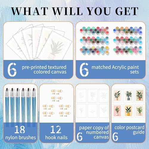 6 Pack Paint by Numbers Kit for Adults, Plants Number Painting, 8x12 Inch | DIY Adult Paint by Number Kits on Canvas for Beginners, without Frame, Botanical Home Wall Decor, Stress Relief Craft Gift