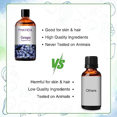 PHATOIL Grape Fragrance Oil for Diffuser Aromatherapy 3.38FL.OZ | Long Lasting Scented Oils For Humidifier, Air Freshener, DIY Soap Candle, Scent Project Making, Aroma Oil for Home Freshening