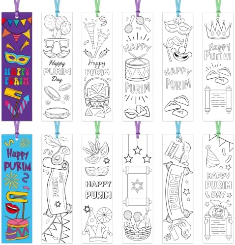 72Pcs Purim Color Your Own Bookmarks, Coloring Blank Bookmarks for Kids