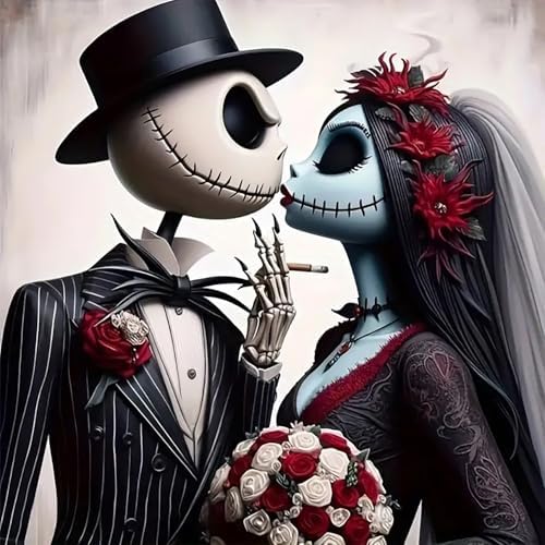 AIBOERL Diamond Art Kits for Adults,Halloween Diamond Painting Wall Decor | Round Drill Jack and Sally Diamond Painting for Beginners DIY Rhinestone 5D Diamond dots(Gemstone Craft)Wall Art Gift 14x14IN