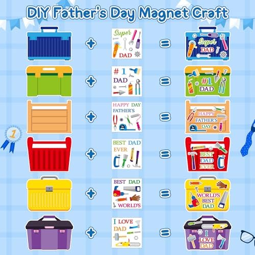 Haooryx Father's Day Magnet Craft Kit - 30 Sets Make Your Own Tool Box Sticker Decor Paper Craft for Classroom Home DIY Activity Refrigerator Bulletin Board Decor Happy Father's Day Party Supply Gift