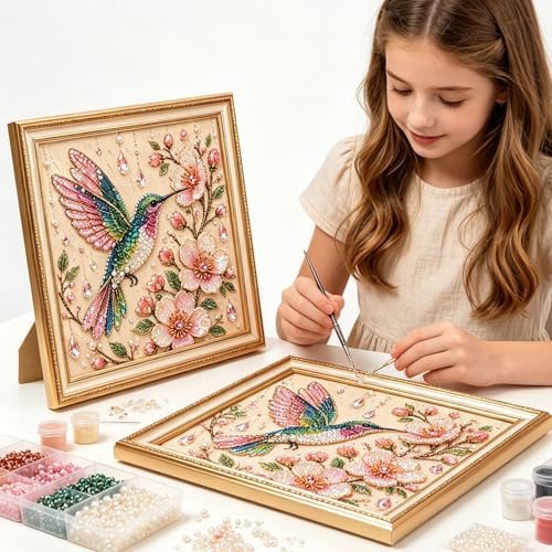 Pearl Art Kits for Adults Bird Flower DIY Beaded Embroidery Kits with Crystal Rhinestones Pearl Painting Craft Kit with Pre-Printed Canvas Handmade Home Wall Decor Gift (Hummingbird)