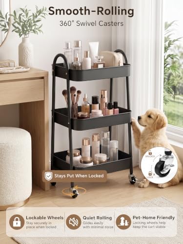Booklov Rolling Makeup Cart Organizer, 3 Tier Utility Storage Cart, Black