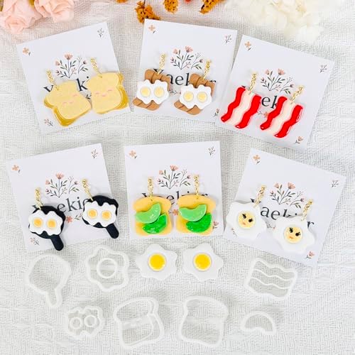 Xaekicr 8Pcs Breakfast Theme Polymer Clay Cutters Set – Toast, Bacon, Egg Shapes | Fun Clay Earring Cutters | Polymer Clay Molds for Jewelry Making | Clay Tools for DIY Crafts
