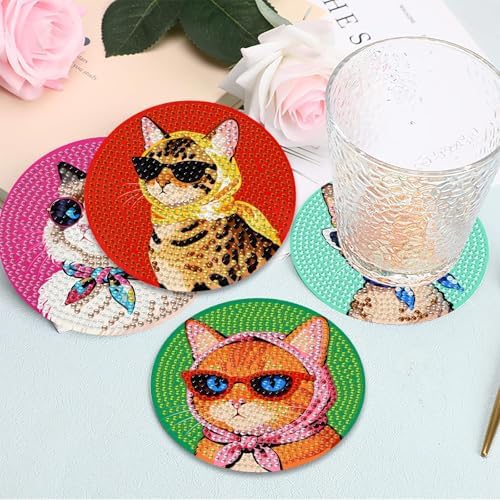 8 Pcs Cat Diamond Painting Coasters Kits with Holder,Cat Wearing Glasses Diamond Art Coasters with Wooden Pad for Adult,DIY Round Drill Gem Drink Coaster Art Craft Supplies for Home Decor 4x4 Inch.