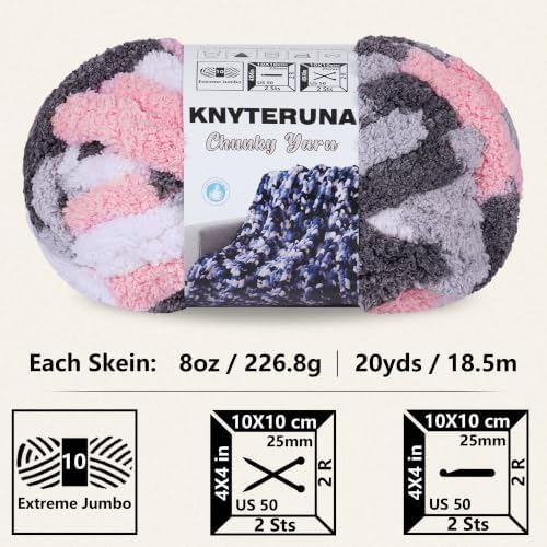 Chunky Yarn for Hand Knitting, #10 Chunky Blanket Chenille Yarn, Large Bulky Thick Jumbo Yarn, Super Chunky Knit Yarn for Crocheting, 8 Skein (8oz,20yds Each Skein), Tie Dye Pink&Grey&White