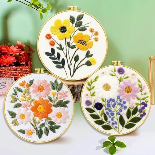 FEIYUENO 3 Sets Flowers Embroidery Kit for Beginner Adults (Sunflower)