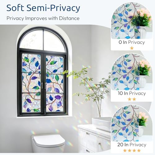 rabbitgoo Window Privacy Film Rainbow, Purple Blue Leaf, 17.5" x 157.4"