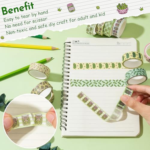 Funny Pickle Washi Tape - 12 Rolls Cucumber Pink Bow Decorative Tape Set for Teen Bookish, Green Pink Stripe Food Wrapping Paper DIY Art Crafts for Scrapbook Journal Birthday Gift Supplies