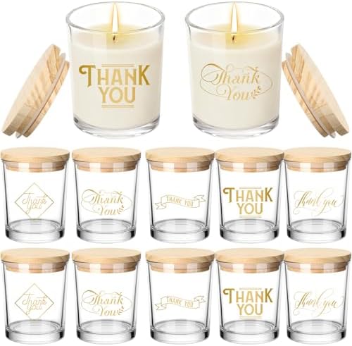 Ziliny 10 Pcs Thank You Glass Candle Jars Empty Containers Bulk 7 oz Glass Jars with Cork Lids Tins for Holiday Candle Making Storing Biscuits Tea Party Favors