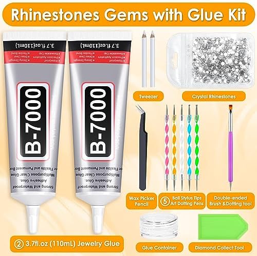 B7000 Glue Clear with Precision Tip, 2Pcs 110mL Jewelry Bead Gem Glue, Strong Adhesive Bedazzling Glue with Silver Rhinestones, Dotting Pen Tool for Jewelry Making Fabric Clothes Shoes DIY Crafts