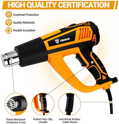 Heat Gun Hot Air Gun: DEKOPRO 1800W Heat Guns with Variable Temperature Control 120℉-1200℉/50℃- 650℃, Heat Guns for Crafting, Vinyl Wrap, Shrink Wrap with Overload Protection & 4 Nozzles