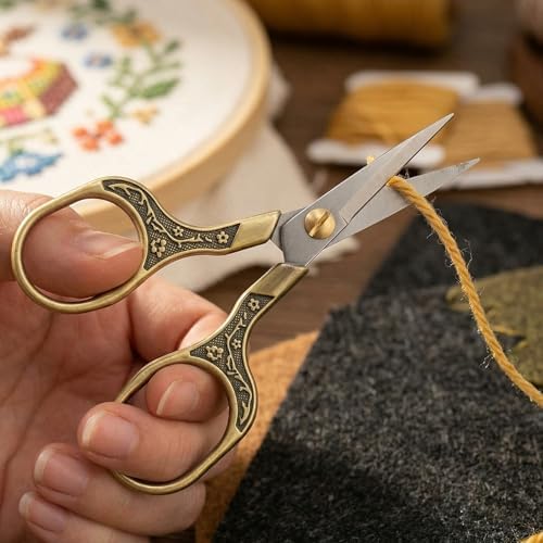 Needlepoint Scissors with Leather Sheath, 5" Vintage Antique Bronze Small Embroidery Scissors, Sharp Sewing Snips for Fabric, Yarn, Thread & Daily Crafting, Aesthetic Metal Craft Scissors