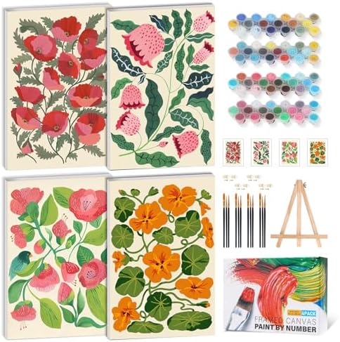 GEEHEIY 4 Pack Framed Paint by Numbers Kit for Adults, Flowers, 8 x 12 Inch | DIY Acrylic Painting by Numbers for Beginners, with Wooden Easel, Botanical Home Wall Decor, Stress Relief Craft Gift