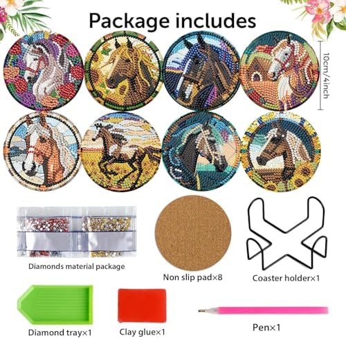 Zythron 8 Pack Diamond Art Coasters,Horse Diamond Painting Coasters Kits