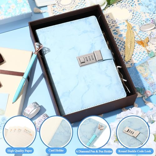 Janlaugh DIY Journal Diary with Lock Pack Scrapbook Kit, Blue, Cute | Stationery Diary Supplies, Scrapbook Supplies Art Crafts Kit for Birthday Holidays Ideal Gifts, Feather Bookmark Stickers