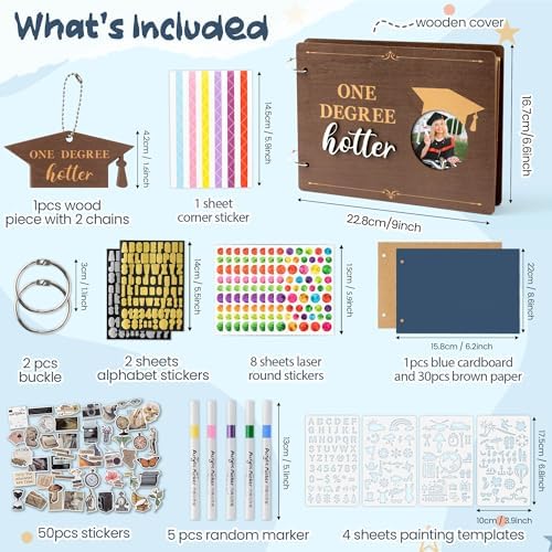 CY2SIDE Graduation Photo Album Scrapbook - 30Page One Degree Hotter Wooden Graduation Scrapbook Craft Kit School Day Memory Book DIY Class 2026 Graduate Handmade Album Gift for College Senior Grad