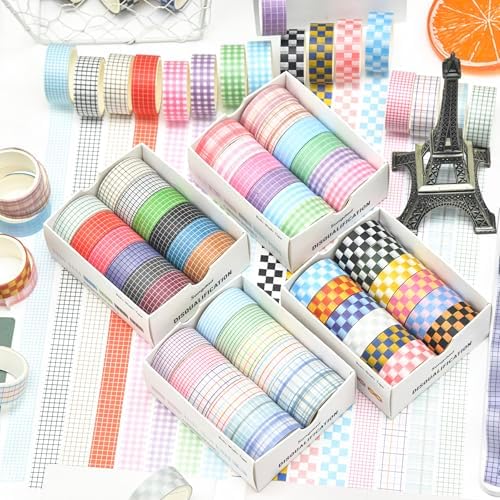 12 Rolls Grid Washi Tape Set Plaid Arts Adhesive Tapes Basic Patterns Decorative Masking Tape Sets for Craft, Kids, Scrapbook, DIY, Gift Wrapping (Style Three)