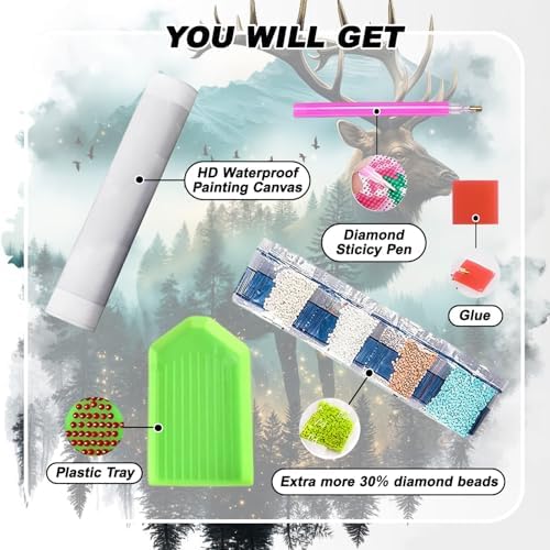 GOUOYANA Elk Diamond Art Kits for Adults,5D Deer Diamond Painting DIY Animal Diamond Art Diamond Painting Kit for Adult,Round Full Drill Diamonds, Diamond Art Kits for Home Decor-12x12inch
