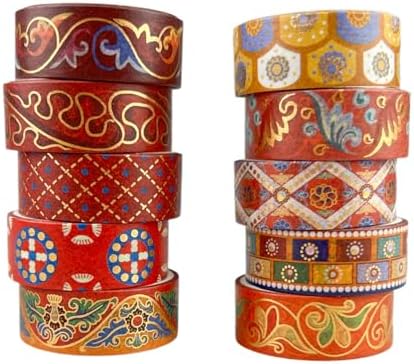 Chinoiserie Gold Foil Washi Tape Set 10 Rolls (Ancient Red)